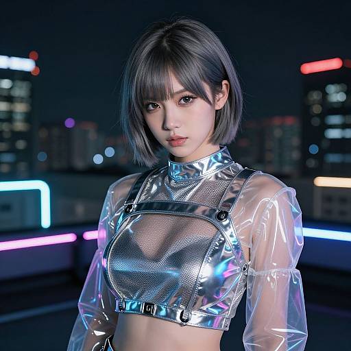 Neon-lit nighttime photograph of an Asian woman with a short black bob, wearing a shiny silver mesh crop top and transparent puffed sleeves, standing
