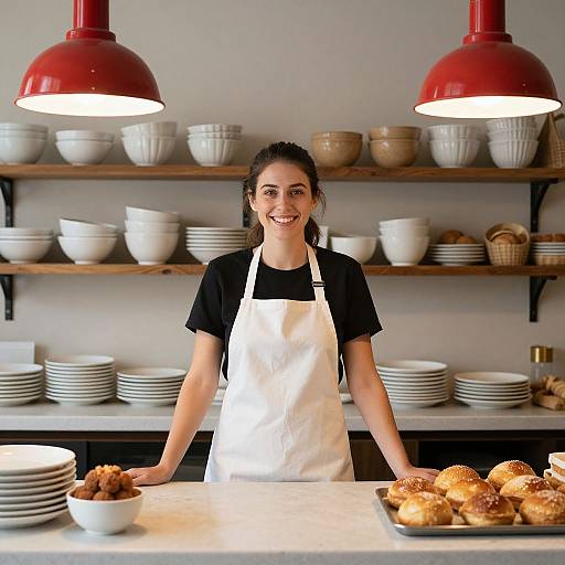 Photograph of a smiling female baker with dark hair, wearing a white apron over a black shirt, standing in a bright, modern bakery with red