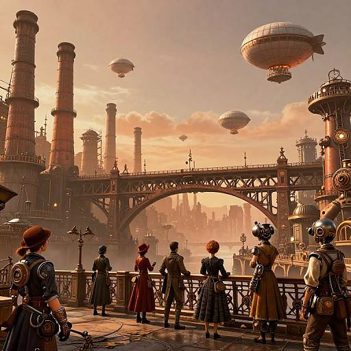 Steampunk cityscape at sunset, featuring airships, industrial buildings, and a bridge. Six diverse characters in period clothing observe from a balcony.