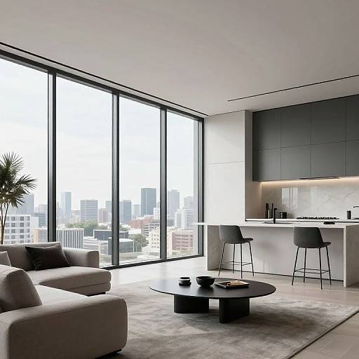 Modern minimalist apartment photo: large floor-to-ceiling windows, grey sofa, black bar stools, marble kitchen, cityscape view, potted plant,