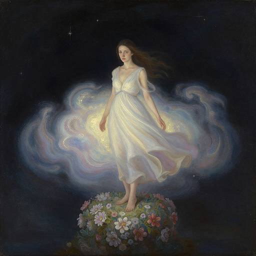 Digital painting of a ethereal woman in a flowing white dress, standing on a flower-covered sphere, surrounded by glowing, swirling light, against a dark