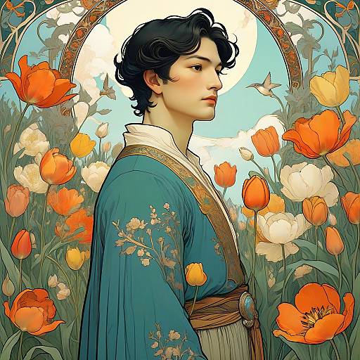 Art Nouveau Portrait of Man in Tulip Garden