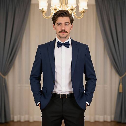 Photograph of a handsome man with brown hair, mustache, wearing a navy suit, white shirt, black bow tie, hands in pockets, standing