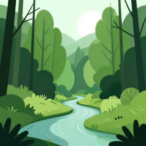 Digital illustration of a serene forest scene with a winding river, lush green trees, and shrubs, set against a bright sky.