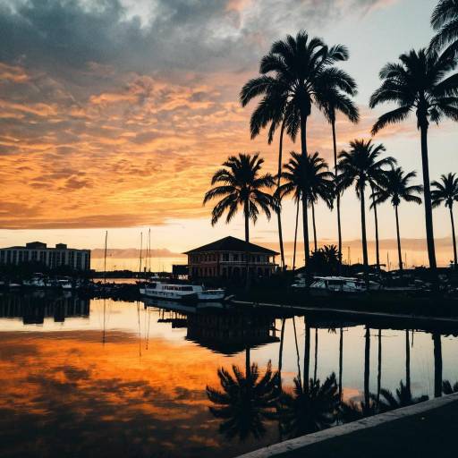 Sunset Reflection with Palm Trees and Boats