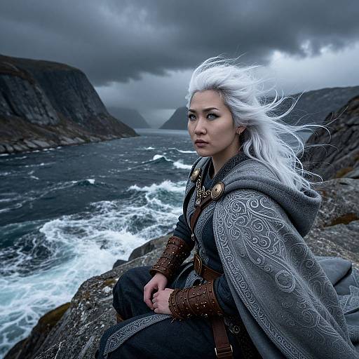 Photorealistic digital art: White-haired Viking woman with intricate grey cloak, brown arm guards, seated on rocky shore, turbulent sea, cloudy sky,