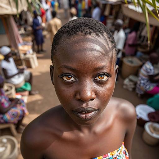 Photograph of a young dark-skinned woman with short braids, wearing a colorful strapless top, gazing directly at the camera in a bustling