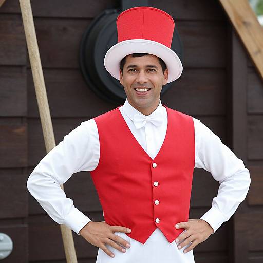 Man in Red and White Costume with Top Hat