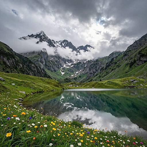 Photograph of a serene mountain landscape with a reflective lake, surrounded by green hills, colorful wildflowers, and cloudy skies above jagged peaks.