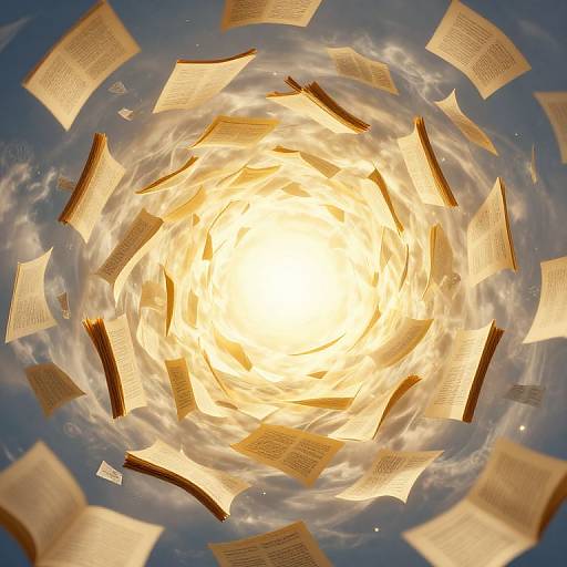 Digital artwork of a swirling vortex of yellow-orange flames and papers, surrounded by blue sky and white clouds, creating a dynamic, fiery whirlpool effect.