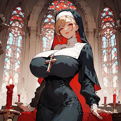 Smiling Anime Nun in Red Church