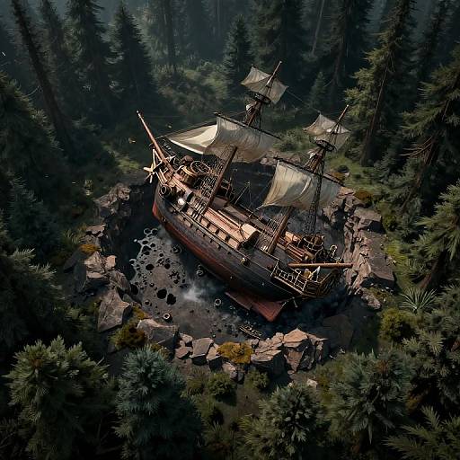 Aerial CGI of a damaged, old wooden ship with tattered sails, stranded on rocky terrain surrounded by dense, dark forest.