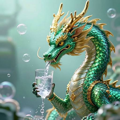 Digital artwork of a green, gold-scaled dragon with golden antlers drinking from a glass of water, surrounded by bubbles.
