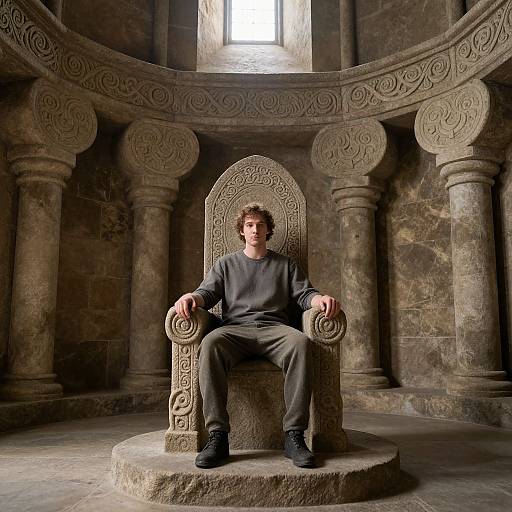 Photograph: Young man with curly brown hair, wearing gray long-sleeve shirt and pants, sits on ornately carved stone throne in dimly