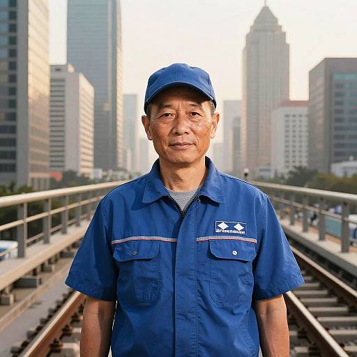 Photograph of an older Asian man with glasses, wearing a blue cap and matching blue uniform, standing on a city bridge with tall buildings in the background