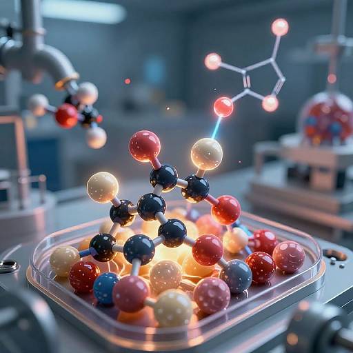 Photograph of colorful molecular balls with glowing red, white, and blue spheres in a laboratory, illuminated by bright light, with blurred scientific equipment in the