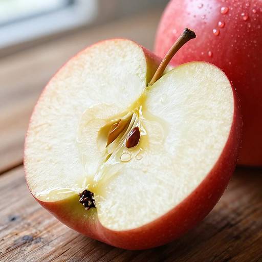 Photograph of a halved, glowing red apple with a visible seed, on a rustic wooden surface, with a whole apple in the blurred background.