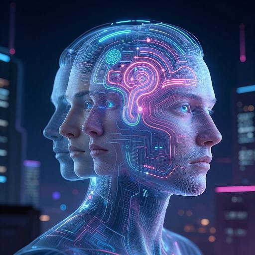 Digital CGI of two transparent, blue-lit human heads with neon circuitry patterns, set against a futuristic cityscape backdrop.