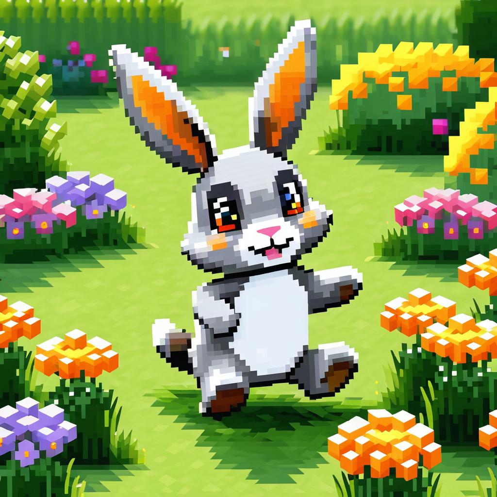 Playful Pixel Art Rabbit in Garden