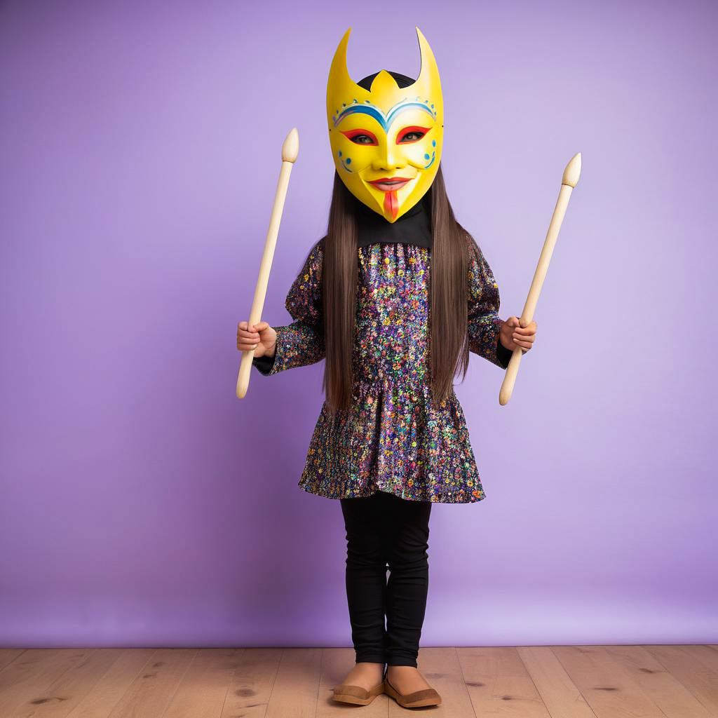 Excited Child in Colorful Wooden Mask