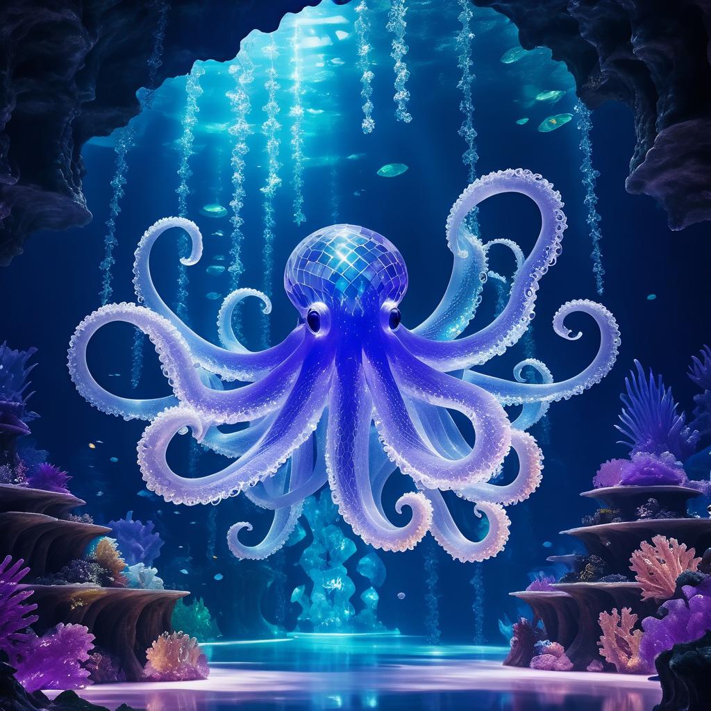 Crystal Octopus in Underwater Cavern