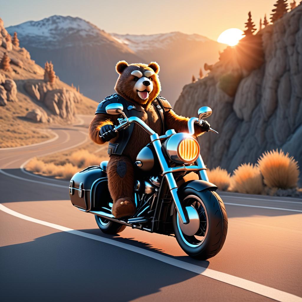 Biker Bear Adventuring Through Sunset Mountains