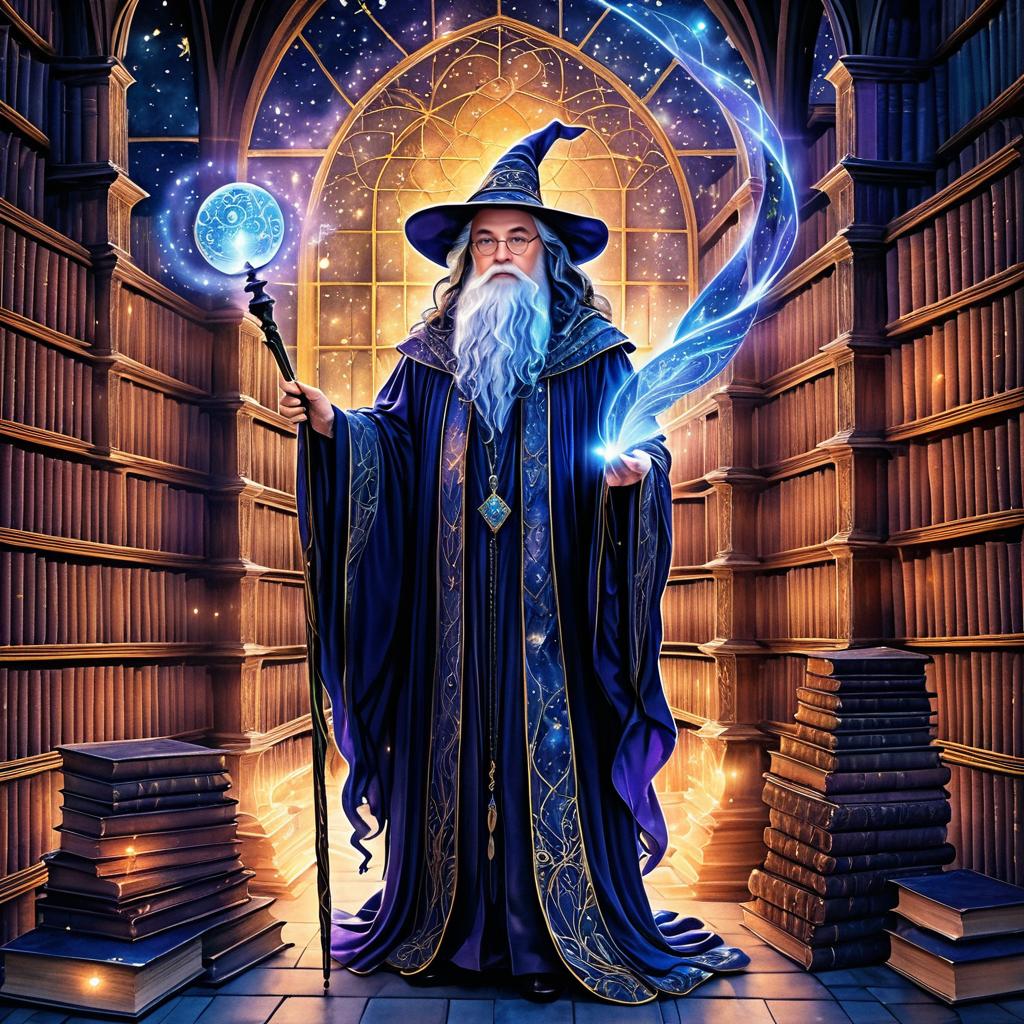 Mystical Wizard in a Twilight Library