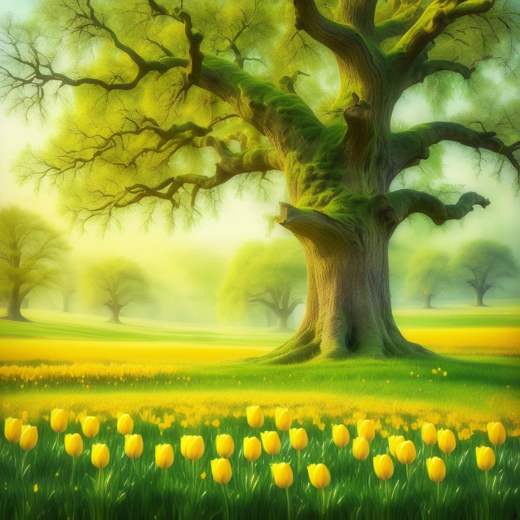 Serene Fantasy Meadow with Ancient Oak