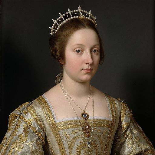 Painted portrait of a young, pale-skinned woman with brown hair, wearing an ornate gold and silver gown, pearl tiara, and necklace