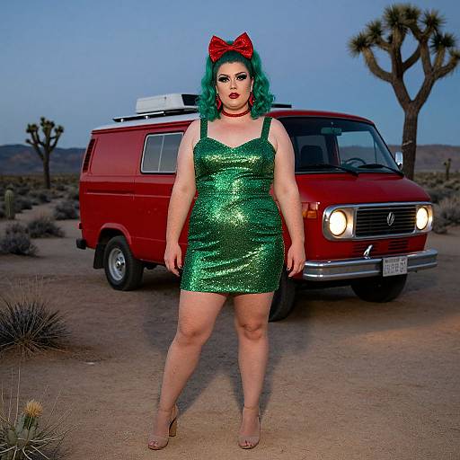 Photograph of a curvy woman with green hair, red bow, green sequin dress, and heels, standing in front of a red van in