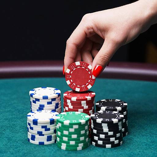 Photograph of a hand with red nails lifting a red poker chip from stacks of white, blue, green, and black chips on a green felt table