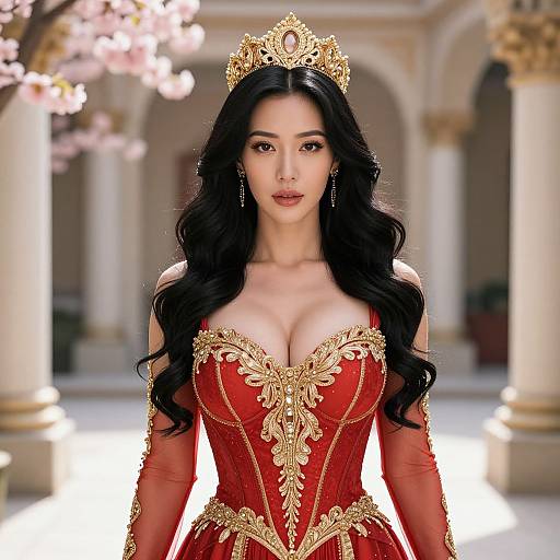 Digital illustration of a beautiful Asian woman with long black hair, wearing a gold tiara, red and gold embroidered corset dress, and red gloves,