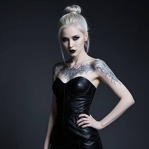 Photograph of a pale-skinned, silver-haired woman with black lipstick, wearing a strapless black leather corset, showcasing intricate black tattoos on her