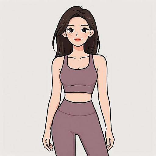 Digital anime-style drawing of a young woman with fair skin, black hair, and freckles, wearing a purple sports bra and matching high-wa
