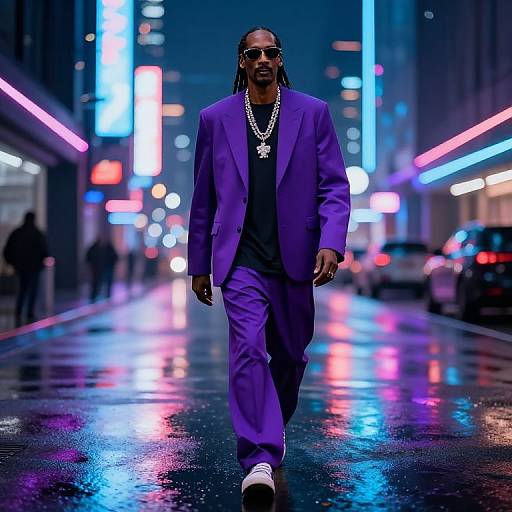 Photograph of a confident Black man with dreadlocks, wearing a vibrant purple suit, black shirt, white sneakers, and multiple necklaces, walking down