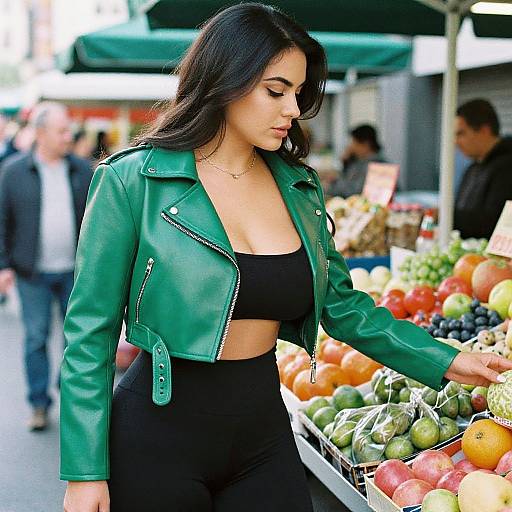 Photograph of a young woman with long black hair, wearing a green leather jacket and black crop top, selecting fruit at an outdoor market stall.