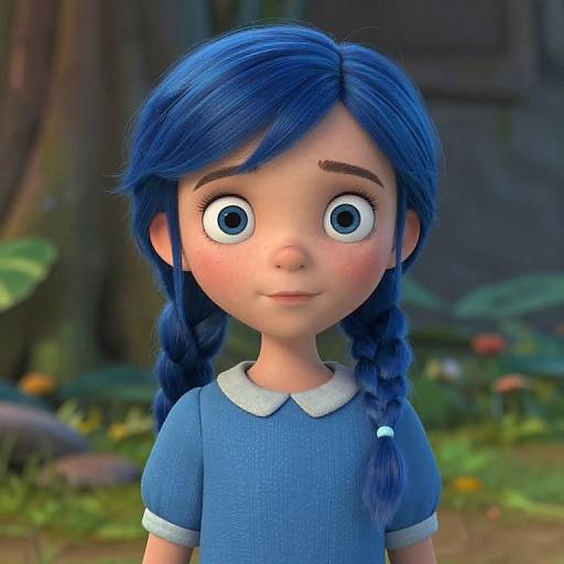 CGI image of a cute, big-eyed girl with blue braided hair, wearing a blue dress with white collar, set outdoors.