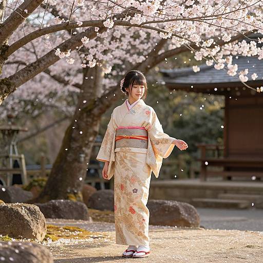 Woman in Kimono Under Cherry Blossoms