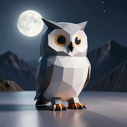 Polygonal digital artwork of a stylized owl with yellow eyes, white and gray geometric feathers, standing under a bright full moon, against a dark mountain