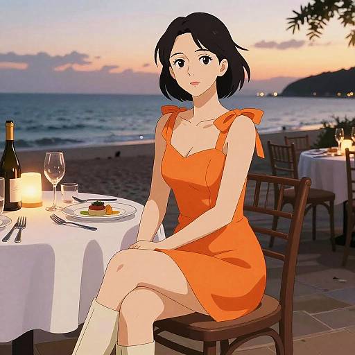 Kyoto Animation Style Woman at Beach Dinner
