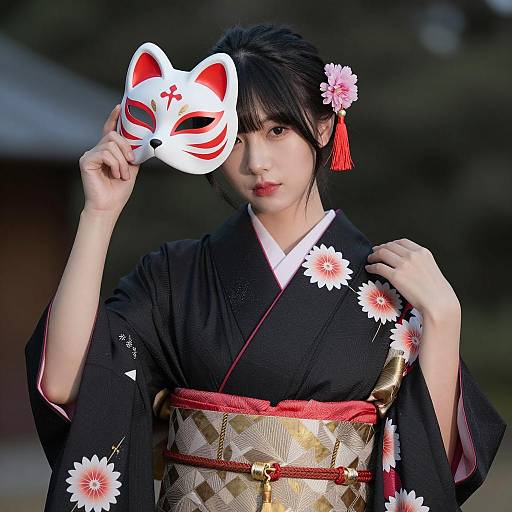 Elegant Woman in Black Kimono Portrait