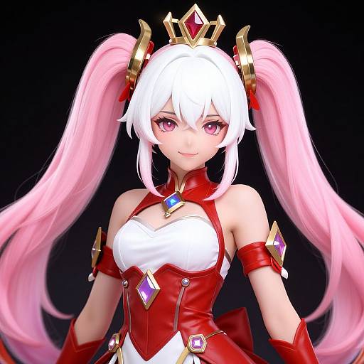 Digital anime-style drawing of a white-haired girl with pink twin-tails, wearing a red and white outfit, gold crown, and arm accessories, set