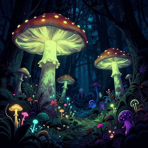 Glowing, bioluminescent mushrooms illuminate a dark, enchanted forest filled with vibrant, neon-colored fungi and plants, creating a magical, surreal