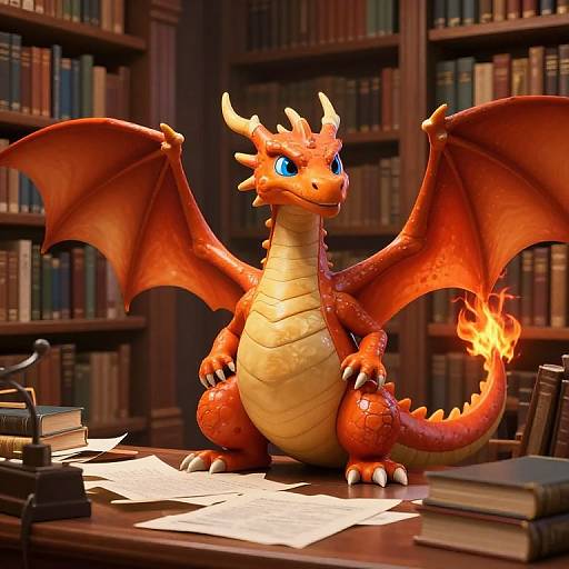 Curious Orange Dragon in Library