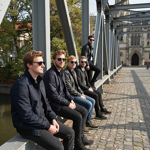 Five men in dark jackets on metal bridge