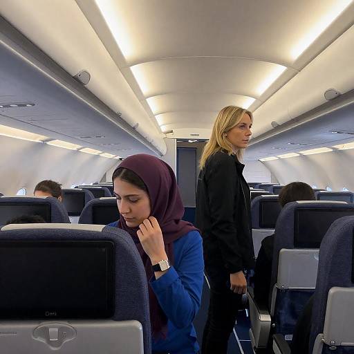 Airplane Cabin: Woman Adjusting Purple Hijab