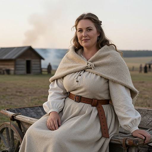 Photograph of a smiling woman with brown hair, wearing a white dress, brown belt, and beige shawl, seated on a wooden wagon in a