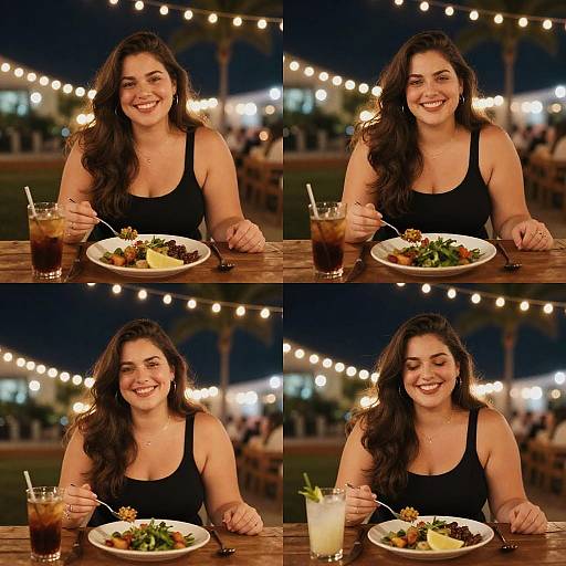 Photograph of a smiling woman with long dark hair in a black tank top, eating salad and iced drinks, string lights in background, four-panel
