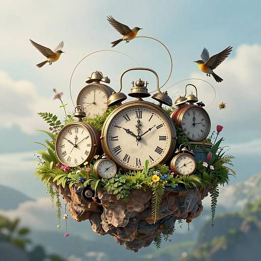 Digital artwork of a floating, flower-adorned clock bundle with five vintage clocks, surrounded by birds, set against a mountainous sky.