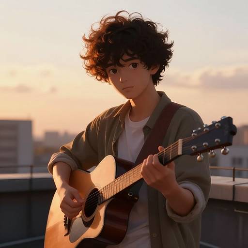 Photograph-style digital artwork of a curly-haired young man playing an acoustic guitar on a rooftop at sunset, wearing a grey cardigan and white shirt.